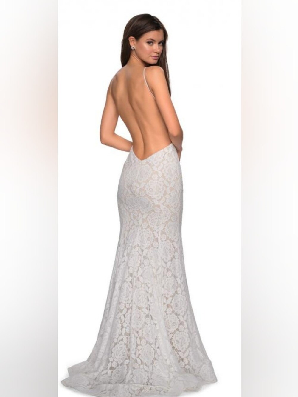 La Femme Ivory Lace Sheer Halter Mermaid Bridal Prom Homecoming Gown